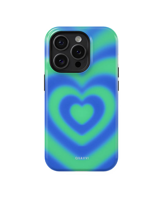 Passionate Moment Apple iPhone phone case by QUAVVICASES – bright blue and green blurred heart, tough, shockproof, glossy and dual layer