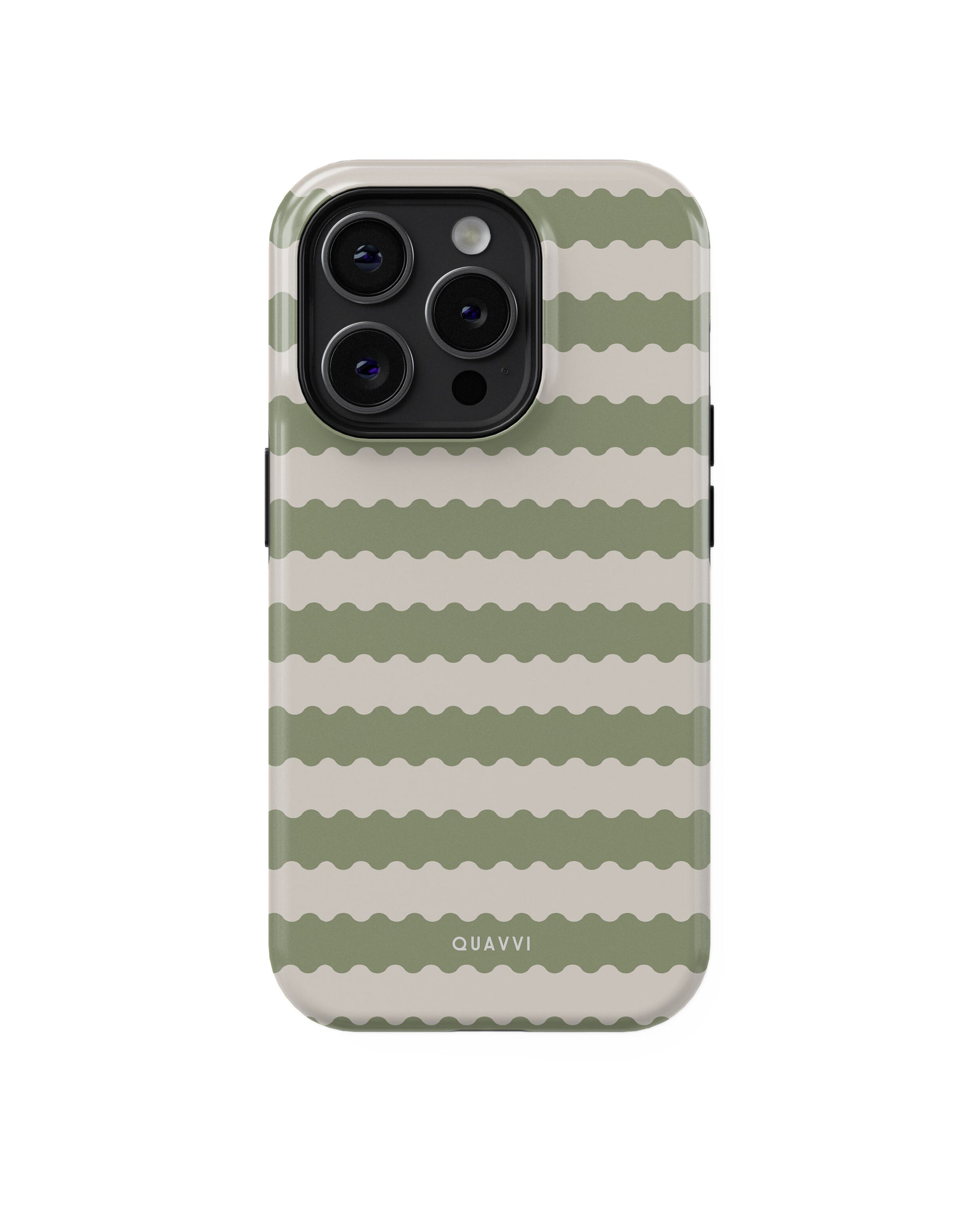Pistachio Dream Apple iPhone phone case by QUAVVICASES – pastel green & beige wavy lines, tough, shock absorption, dual-layer design