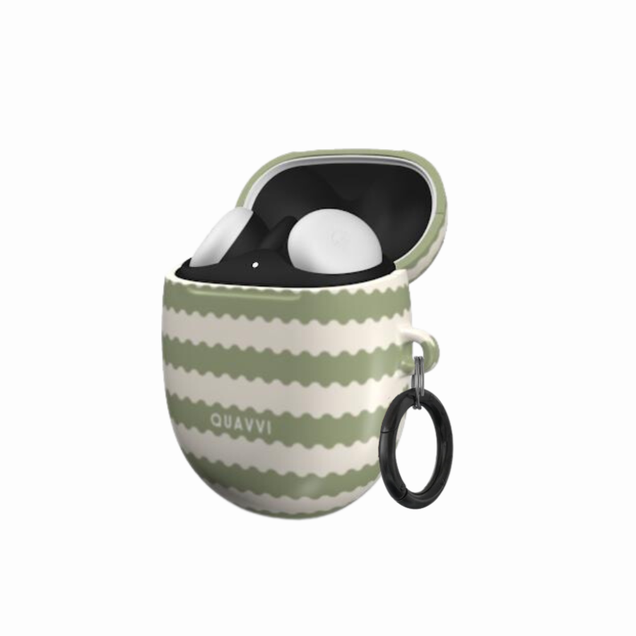 Pistachio Dream Google Pixel buds case by QUAVVICASES – pastel green & beige wavy lines, fully protected, glossy with ring