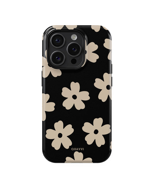 Sable Garden Apple iPhone phone case by QUAVVICASES – black background with beige nude flowers design, tough dual-layer premium case