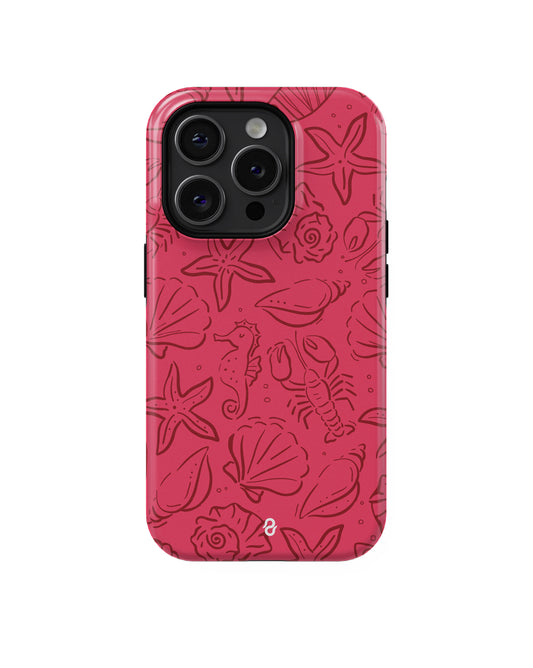 SIREN Apple iPhone Case by QUAVVICASES – bright pink design with dark red sea animal drawings, dual-layer case with shock absorption layer, glossy finish