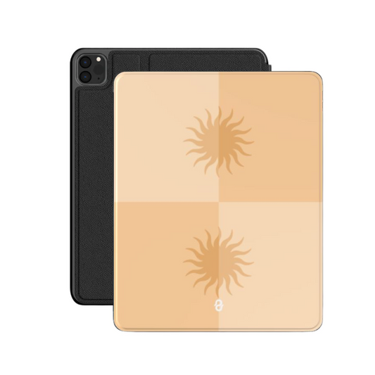 SOLARA Apple iPad case by QUAVVICASES – beige with yellow sun pattern, premium case from vegan saffiano leather with apple pencil holder