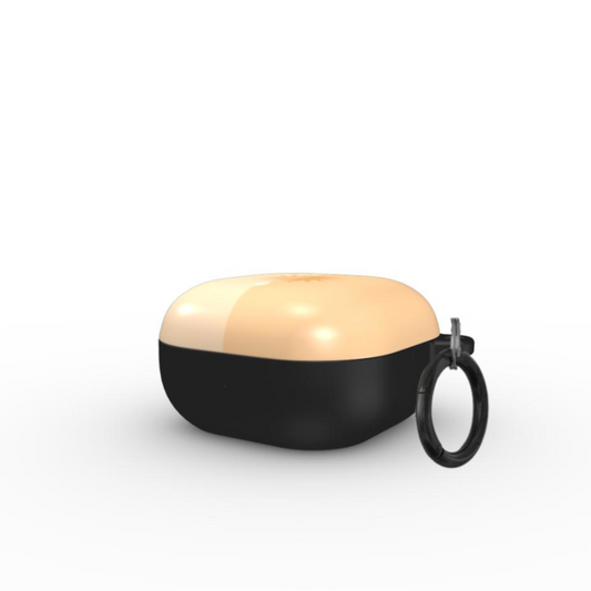 SOLARA Samsung Galaxy Buds case by QUAVVICASES – beige with yellow sun pattern, full coverage case with ring for easy hold