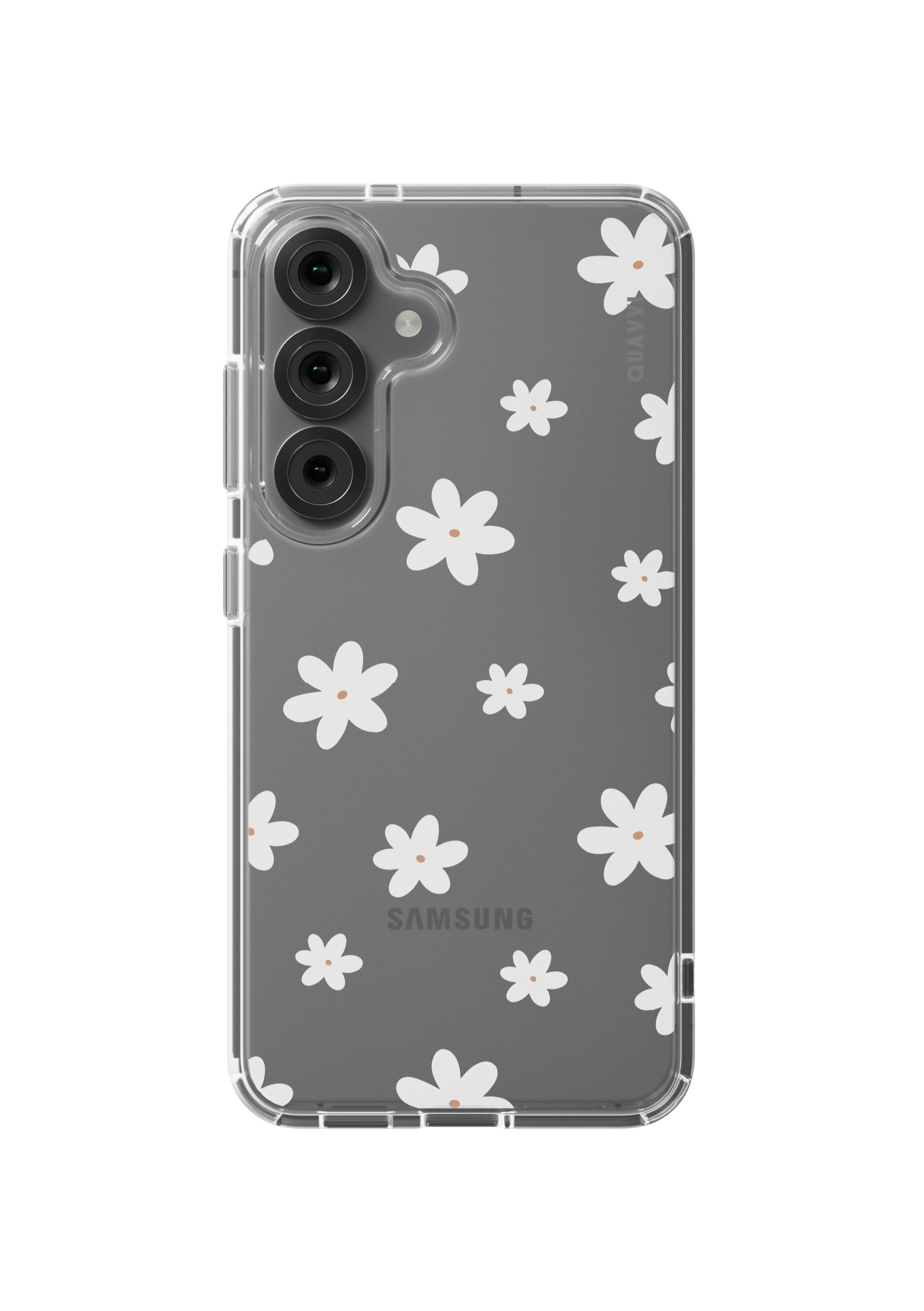 Whisper Samsung Galaxy clear phone case by QUAVVICASES - design with white flower images in different sizes, premium shockproof clear case with raised bezels